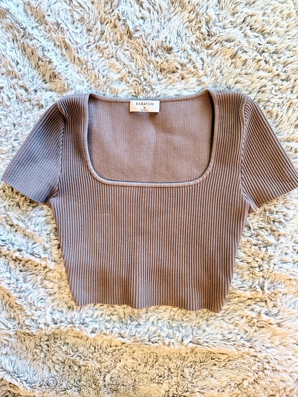 Aritzia Babaton Taupe Ribbed Sculpt Knit Squareneck Crop Top | Size XS